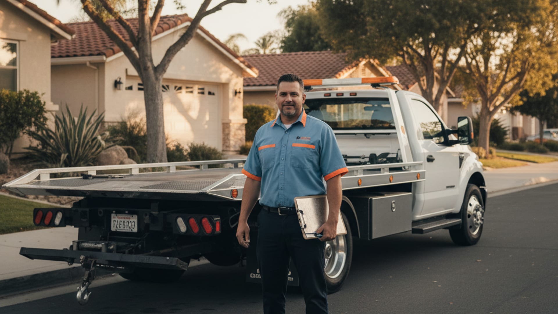 A flatbed rollback parked at golden hour in a San Antonio residential neighborhood