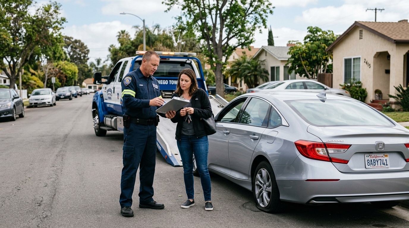 San Antonio tow operator and customer discussing service options on a freeway shoulder