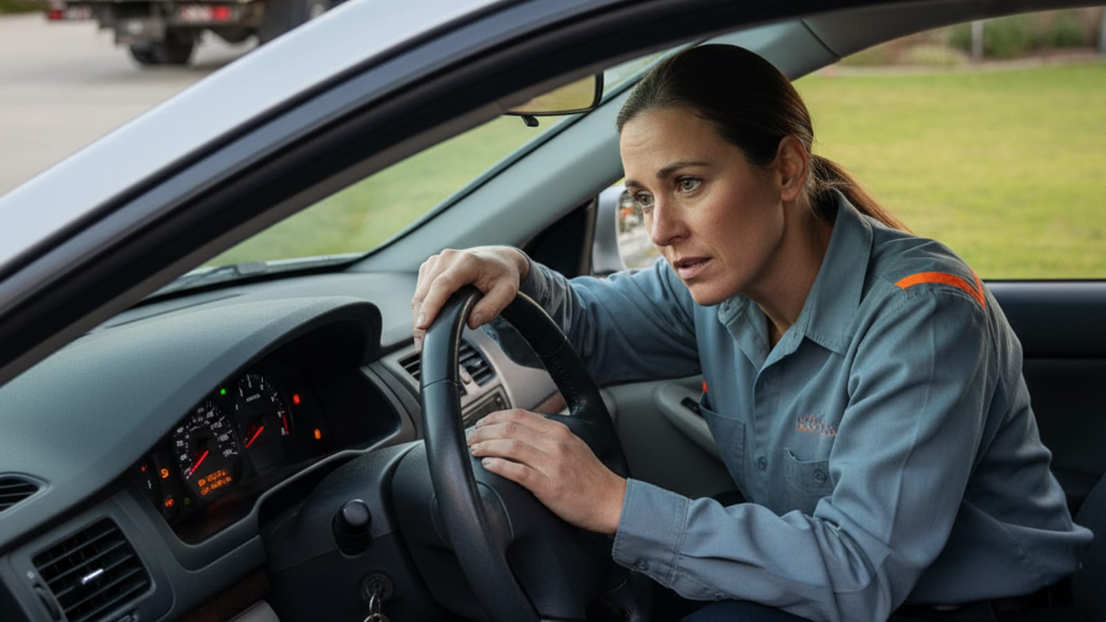 Driver checking dashboard warning lights on a parked car in a San Antonio driveway