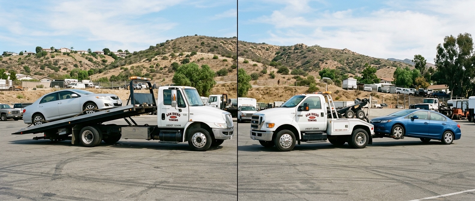 Side-by-side comparison of a flatbed tow truck and a wheel-lift tow truck loading vehicles in a San Antonio service yard