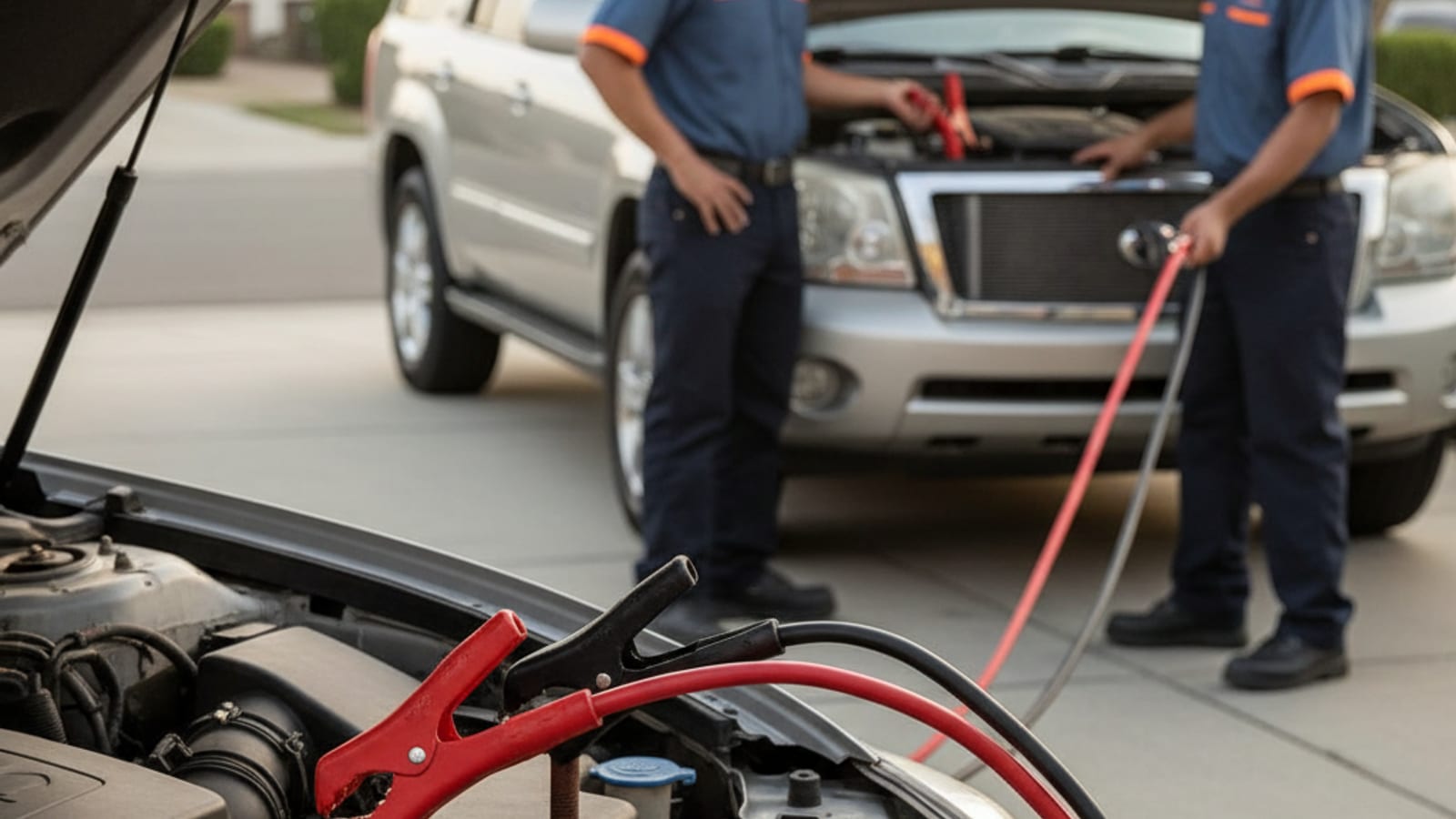Close-up of jumper cables connected between two car batteries with the donor vehicle running in a San Antonio driveway