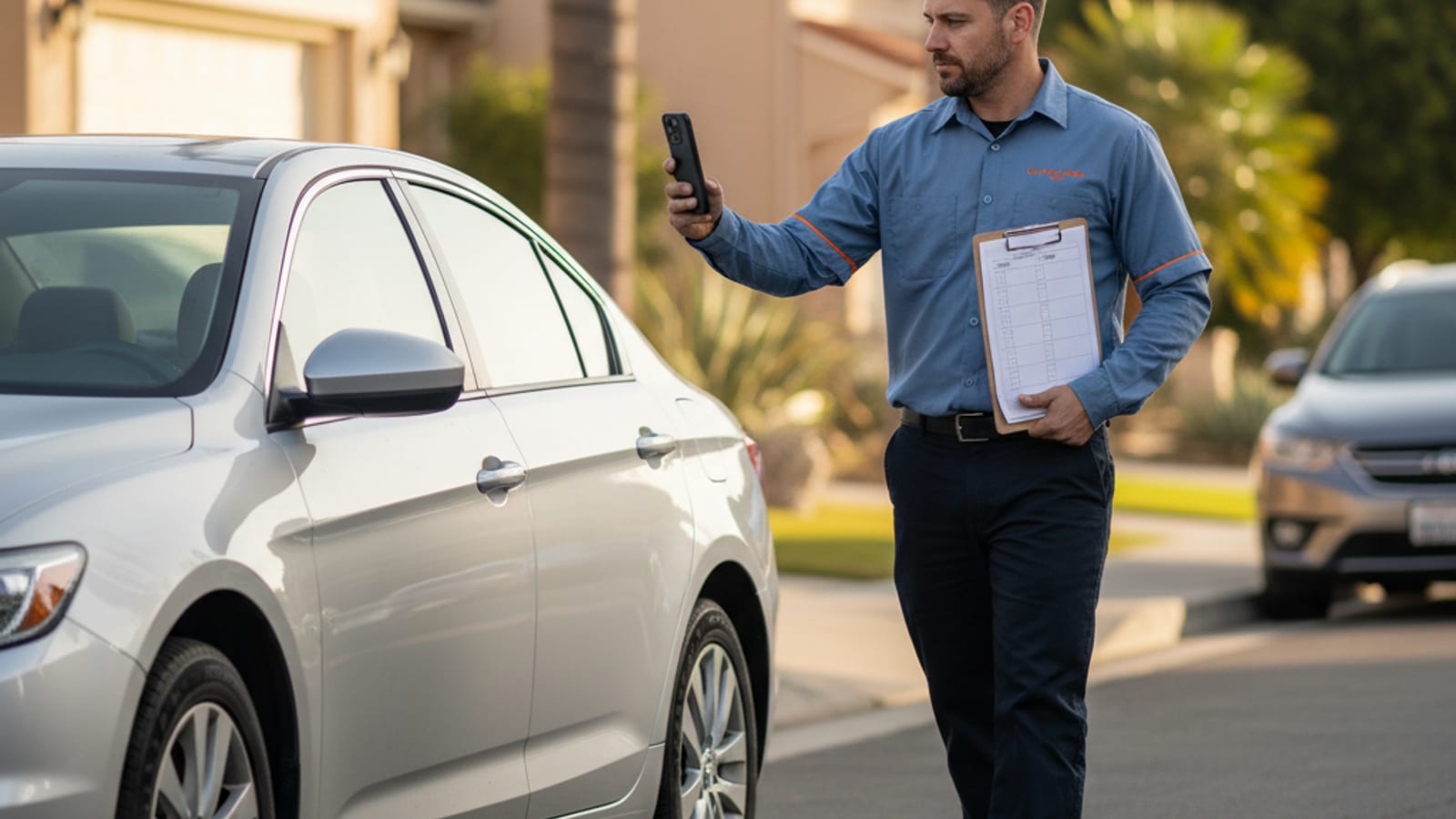 Driver walking around their vehicle making notes before a scheduled tow in a San Antonio residential street