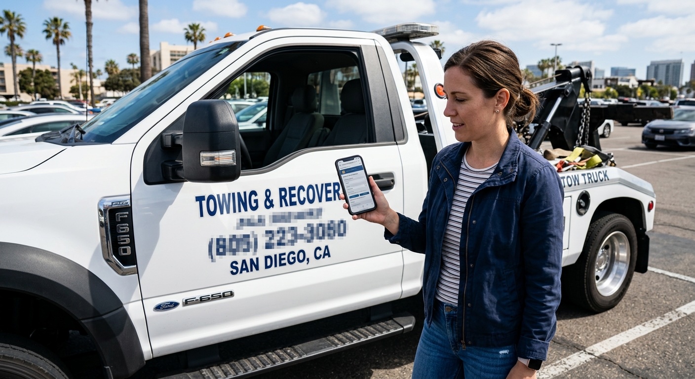 Customer checking a tow operator credentials and TDLR license number on a smartphone in a San Antonio parking lot