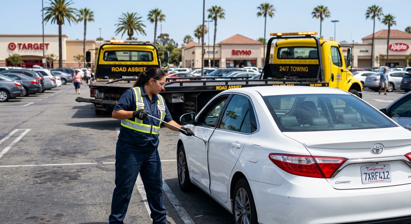 Driver using a long-reach lockout tool to unlock a sedan in a San Antonio shopping center parking lot