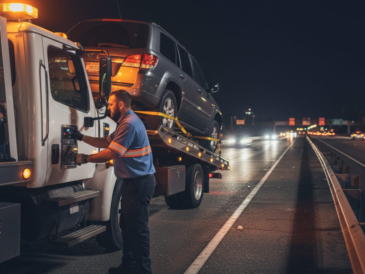Flatbed driver loading a disabled SUV on a San Antonio freeway shoulder at night