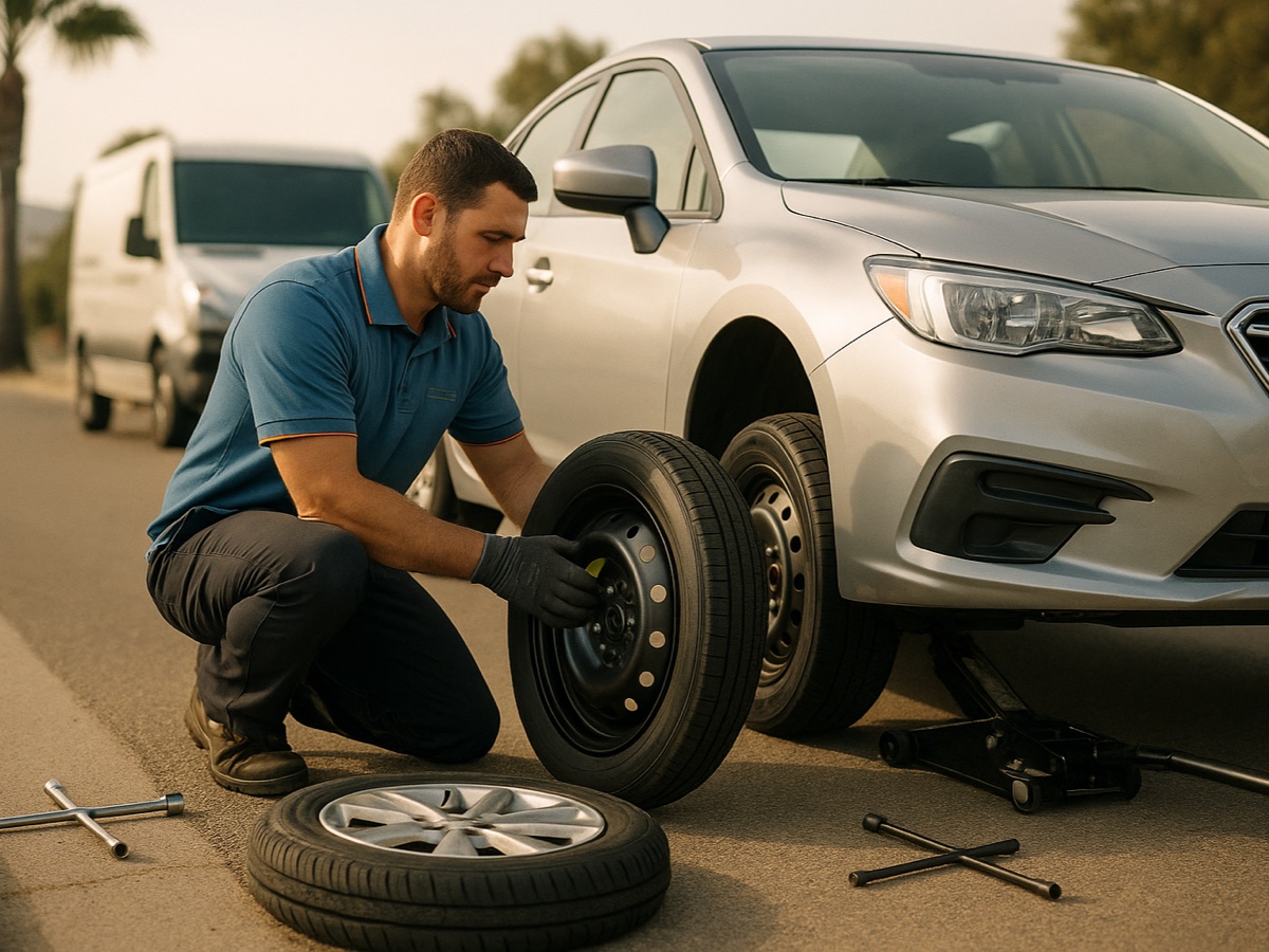 Driver changing a flat tire for the spare on a vehicle pulled onto a San Antonio street shoulder