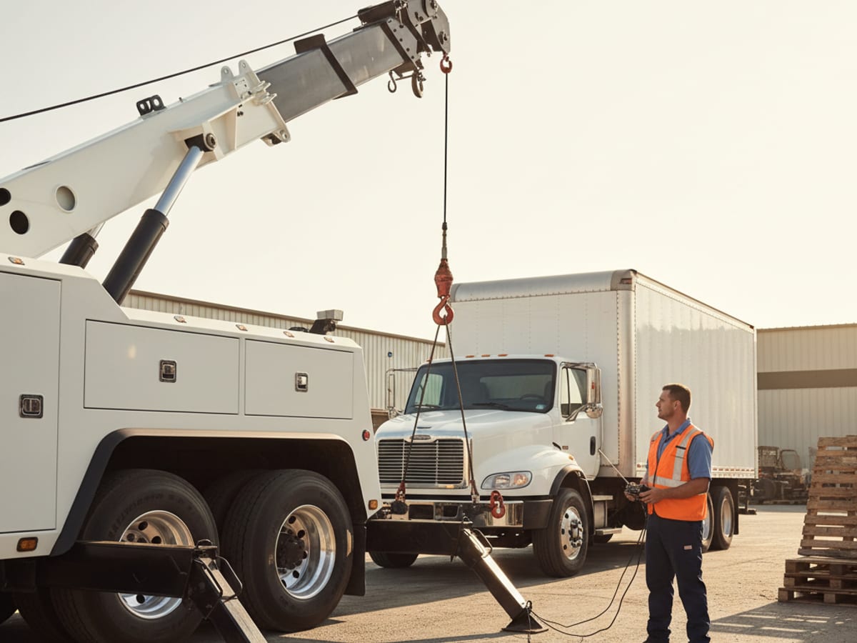 Class 7 heavy wrecker hooking a commercial box truck on a South Side San Antonio industrial lot