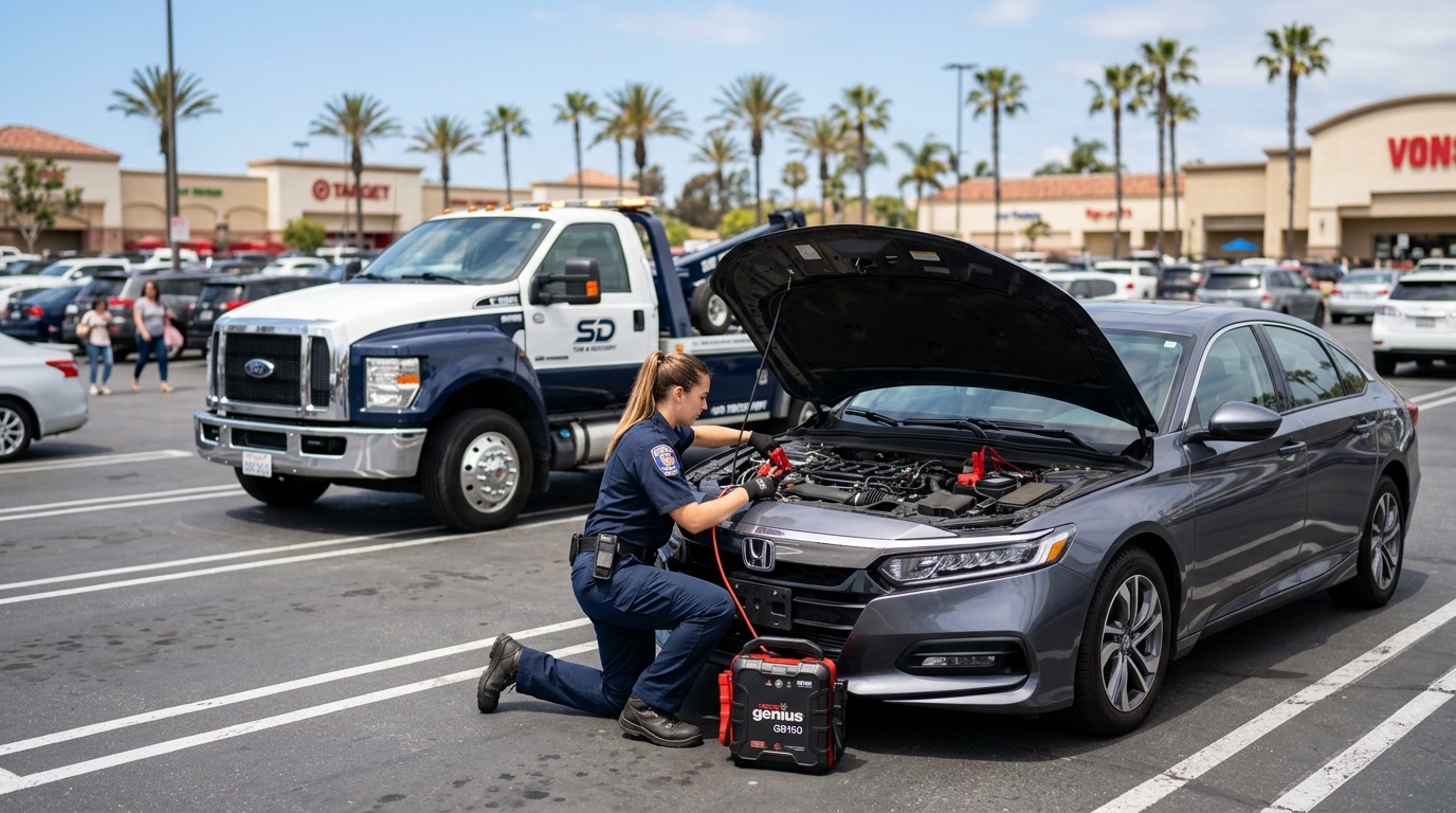 Driver connecting a commercial jump pack to a dead battery in a San Antonio parking lot during daylight
