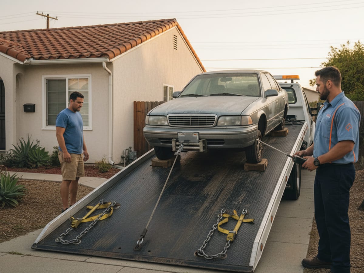 Flatbed loading a non-running sedan from a San Antonio residential side yard