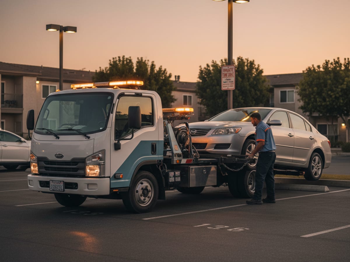 Tow truck working a permit-parking apartment complex lot in San Antonio at dusk