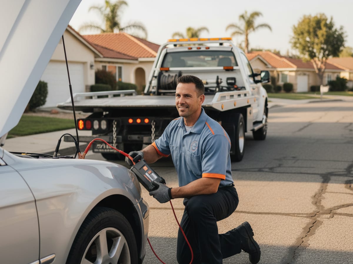 A roadside technician helping a driver beside a stopped car on the shoulder