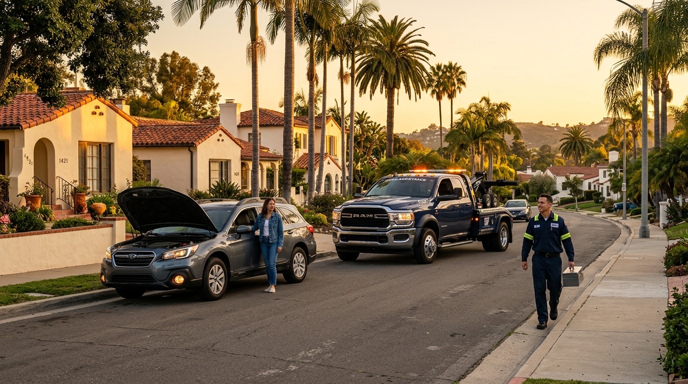 Service truck arriving at a stranded vehicle in a San Antonio parking lot to provide pay-per-call roadside service