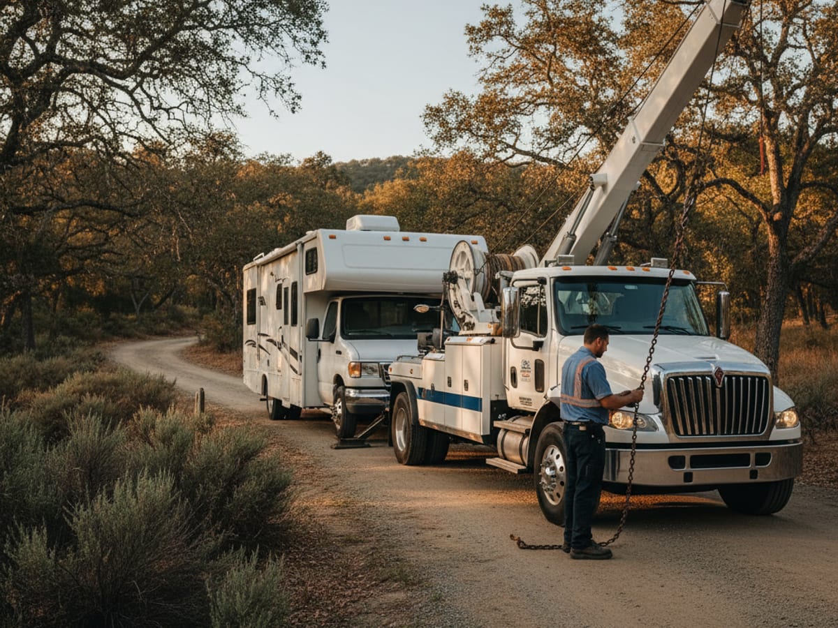 Heavy wrecker towing a Class C RV from a San Antonio area campground