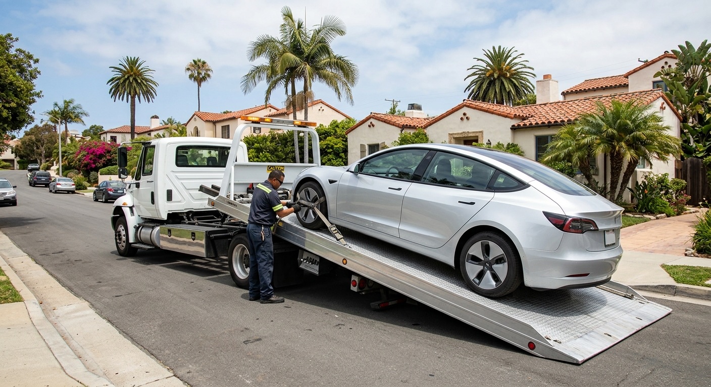 Flatbed loading a Tesla Model 3 with soft straps on a San Antonio residential street, charge port closed and Transport Mode engaged