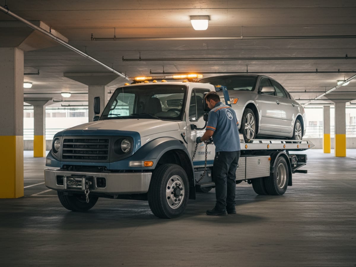 Wheel-lift truck hooking a Honda sedan in a downtown San Antonio parking garage
